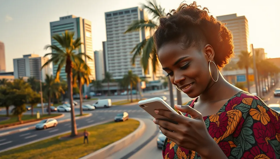 A woman checks her smartphone on a busy boulevard in a West African capital at golden hour